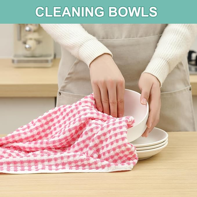 SALAS Cotton Dish Towels Cloths for Kitchen Drying Dishes, Lattice Terry Towels, Highly Absorbent Kitchen Cloths with Hanging Loop, 16‘’ x 26‘’, 4 Packs, Pink