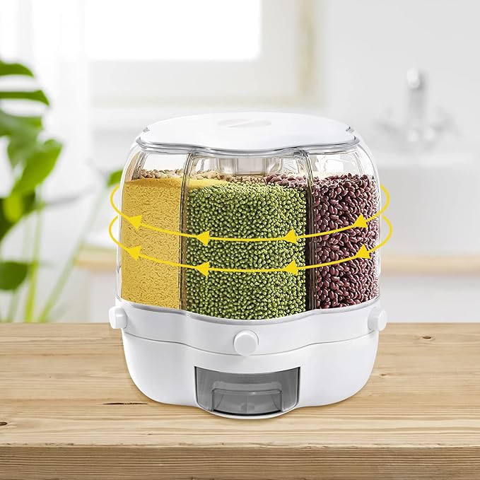 Cereal Dispenser Countertop 360° Rotating Grain Storage Container 13.2-27.56 Lbs Rice Dispenser 6 Grids Dry Food Dispenser Candy Dispensers for Grains, Beans, Rice (White, 17.64Lbs)