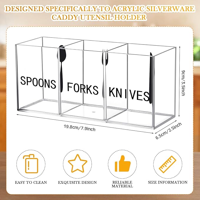 Suzile Acrylic Cutlery Storage Organizer Plastic Utensil Holder Clear Silverware Organizer 3 Section Tableware Storage Box Countertop Fork Spoon Knife Holder Party Flatware Caddy for Kitchen Storage