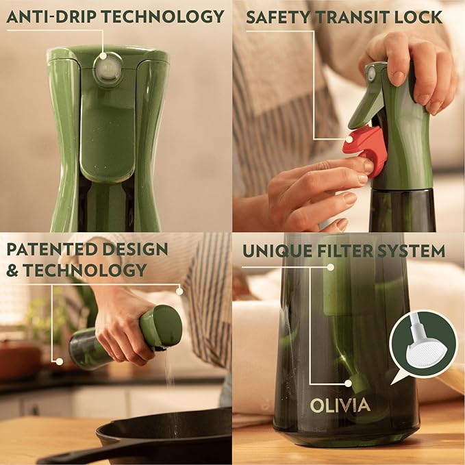 OLIVIA Signature Oil Sprayer for Cooking, 200ml Glass Olive Oil Sprayer, Continuous Cooking Spray with Portion Control, Oil Dispenser for Kitchen, Air Fryer, Salad, BBQ (Green Bottle, Gold Print)