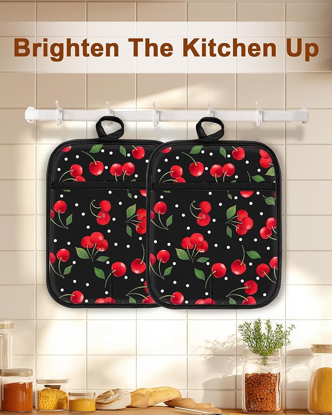 Swooflia 100% Cotton Pot Holders 2 Pack Set for Kitchen with Pockets - Cute 440°F Heat Resistant Oven Hot Pads Heavy Duty for Countertop Home Cooking Baking Microwave BBQ Cherry
