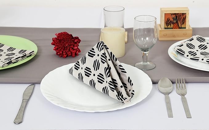 Taran Geometric Beige Print Cotton Dinner Napkins Set of 12 | 18x18 Inches | 100% Natural, Reusable Linens for Dinner, Events, Weddings