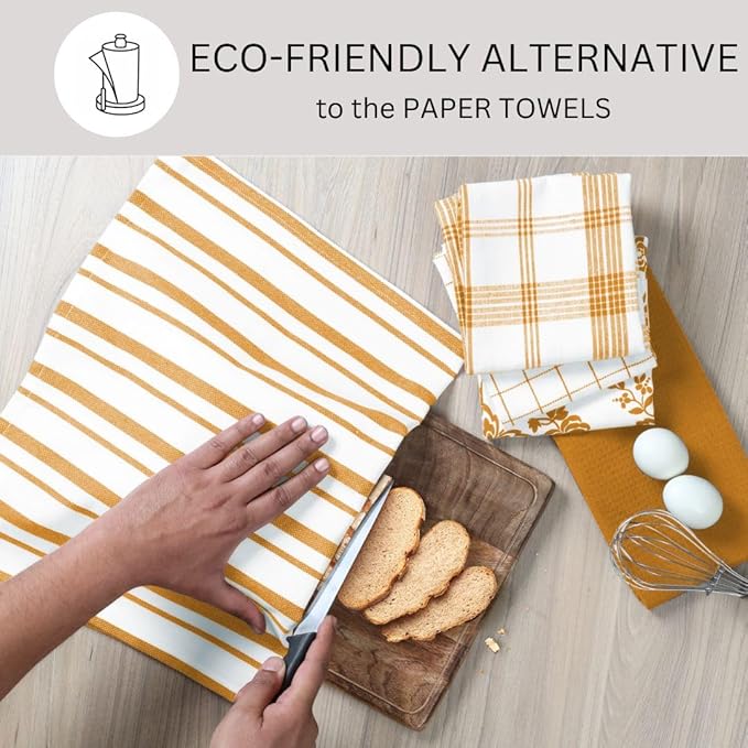 Assorted Kitchen Towels 100% Cotton 16x26 Inch - Super Absorbent, Soft & Quick Drying, Multi-Purpose for Drying & Cleaning, Ideal for Kitchen & Home Use, Set of 5 Low-Lint Dish Towels Yellow