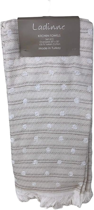 Kitchen Towels Set of 3 Oversized 20 x 30in 100% Turkish Cotton, Terrycloth, Striped Light Brown with Pop up Dots | Made in Turkey