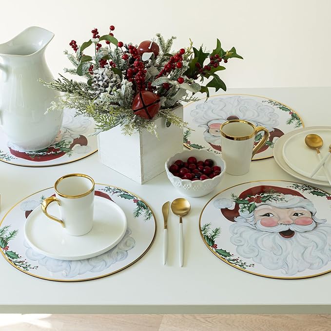 Benson Mills Cork Placemats Set of 4, Thick Cork Place Mats for Kitchen and Dining Tables, Easy Clean Table Mats for Christmas, Winter and Holidays (13.75" Round Set of 4, Joyful Santa)