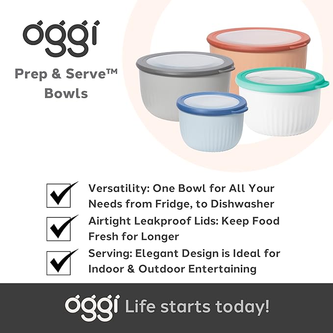 Oggi Prep, Store & Serve Plastic Bowl w/See-Thru Lid- Dishwasher, Microwave & Freezer Safe, (2.6 qt) Lt Gray w/Dk Gray Lid