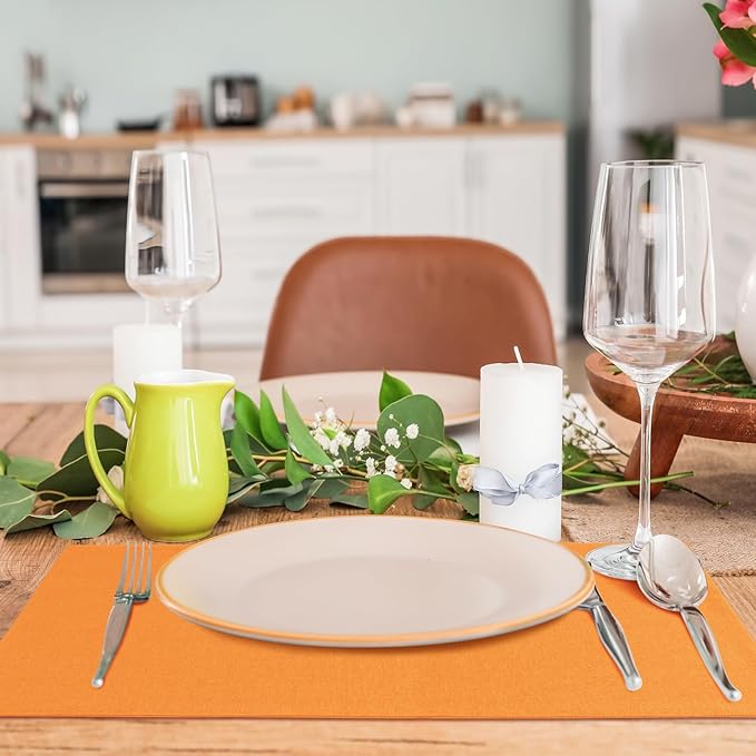 MANSPHIL Orange Placemats Set of 4 Washable Fabric Table Mats Thick Faux Linen Place Mats Heat Resistant Double Layer Wrinkle Free Dining Kitchen Table Decor - 13x19 Inch Oeko Tex Placemat