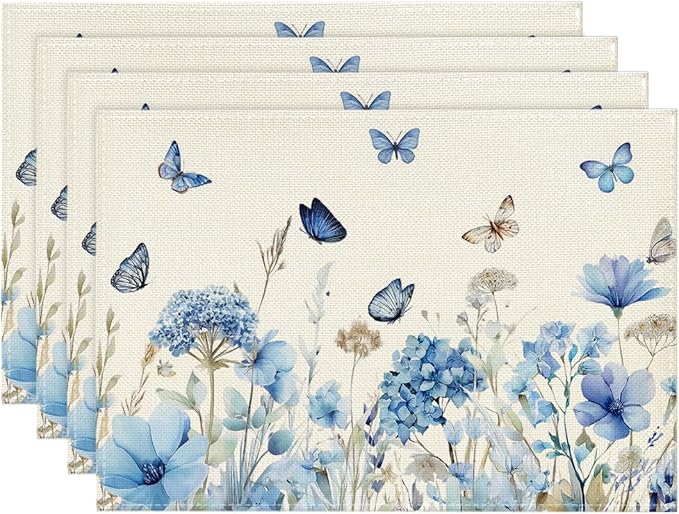 Artoid Mode Hydrangea Wildflowers Spring Placemats Set of 4, 12x18 Inch Seasonal Summer Holiday Table Mats for Party Kitchen Dining Decoration