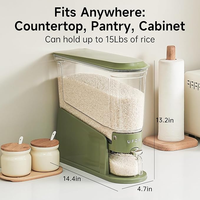 Rice Dispenser, Slim Rice Storage Container for Small Space, BPA-Free Clear Dry Food Dispenser Sealed Moisture Proof, Grain Storage Bucket for Kitchen Pantry Household (Green11Lbs)