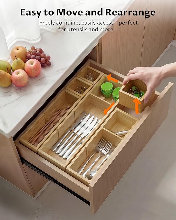 12 Compartments Silverware Drawer Organizer, 6 Piece Bamboo Utensil Tray Set for Kitchen Spoons Forks Knives, Adjustable Cutlery Holder with Removable Dividers for Flatware, Bedroom & Living Room