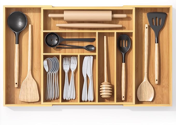 Youpehom Bamboo Utensil Organizer for Kitchen Drawers, Utensil Tray and Cutlery Silverware Holder,Wood Drawer Dividers with 9 Slots