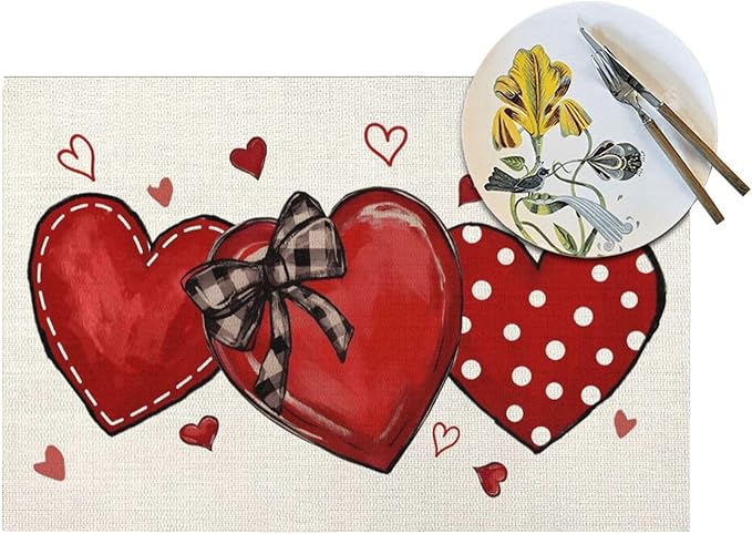 Valentine's Place mats Set of 4,12x18 Inches Red Love Heart Valentine's Decor Placemats Rectangle Mother's Day Wedding Anniversary Decoration Table Mats for Party Home Kitchen Dining Table