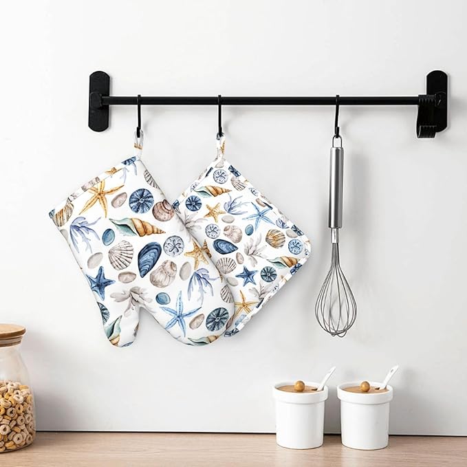 Blue Seashell Starfish Oven Mitts and Pot Holders 4 pcs Set Silicone Watercolor Shells Kitchen Oven Mitt Gloves Pot Holders Non-Slip Heat Resistant Cooking Mitts Set for Kitchen Baking