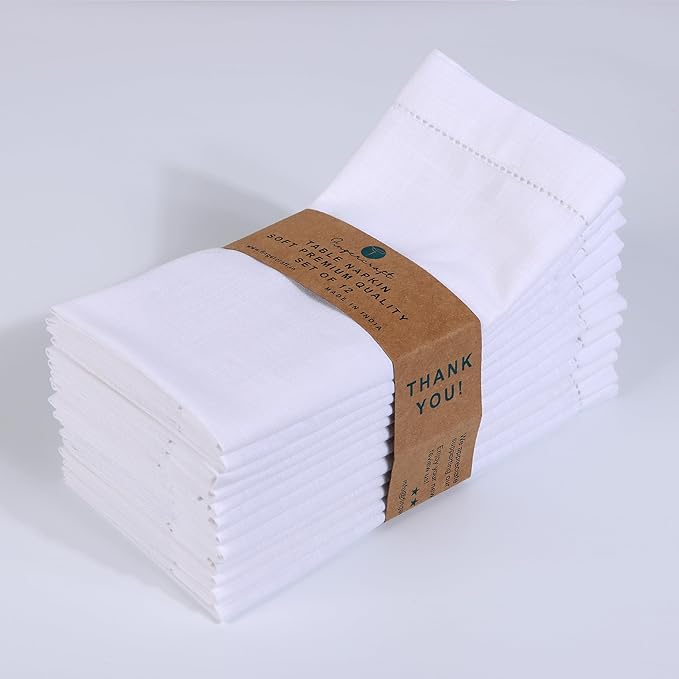 FINGERCRAFT Cloth Napkins, Hemstitch Napkins Cloth, Everyday Use, Premium Quality Natural Cotton Perfect for Parties Dinners Weddings Cocktail Christmas Easter Set of 12, 20 inch White