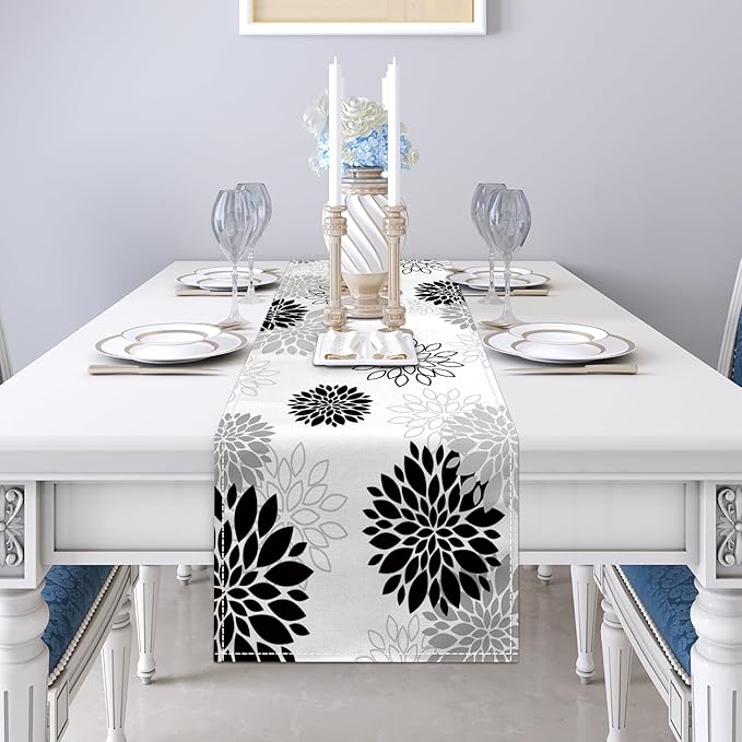Dahlia Flower Table Runner 13x36 Inch Farmhouse Black Gray Runners Modern Table Decorations Rustic Geometric Coffee Table Runner for Home Kitchen Dining Room Party (13"x36", Dahlia Floral-Black)