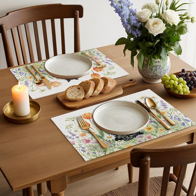 Black Cat Placemats Set of 4, Spring Floral Watercolor Table Mats for Outdoor Home Party Kitchen Dining Decor, Washable Non-Slip Heat Resistant Linen Fabric Rectangle Place Mats, Cute Cat Lover Gifts