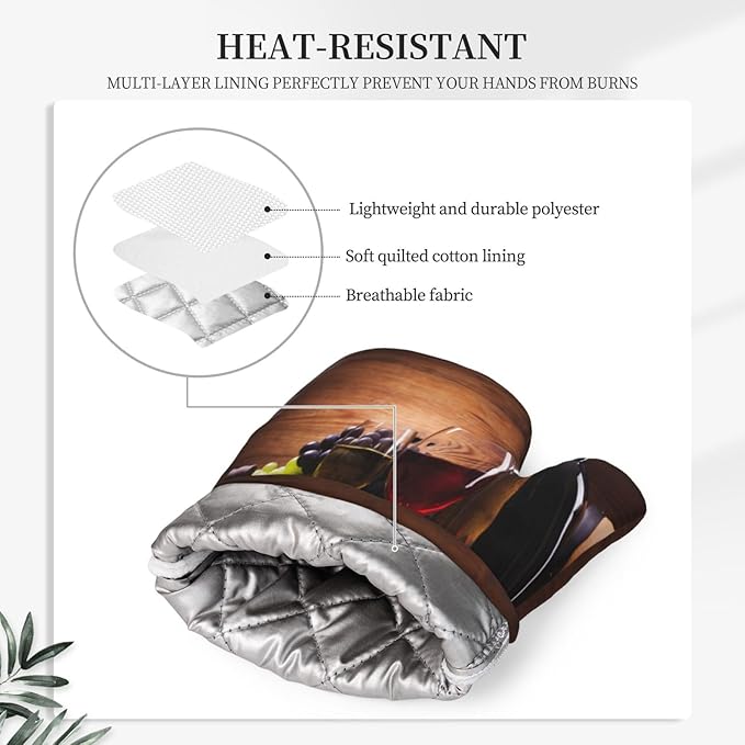 Wine Oven Mitts and Pot Holders Sets Silicone Vintage Glasses Wine Grapes Kitchen Mitts Potholders Heat Resistant 4Pcs Oven Gloves Hot Pads for Kitchen Baking Cooking BBQ Grilling