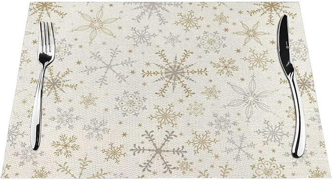 Christmas Place mats Set of 4, 12x18 Inches Gold Gray Snowflake Decorative Placemats Rectangle Winter Table Mats for Party Home Kitchen Dining Table Decoration