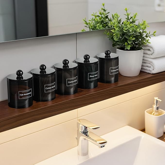 2 Pack Acrylic Qtip Holder Dispenser for Cotton Swabs, Balls, Pads, Floss Picks- Clear Plastic Canister Apothecary Jar Set, Bathroom Essentials Accessories Decor Vanity Makeup Storage Organizer -Black
