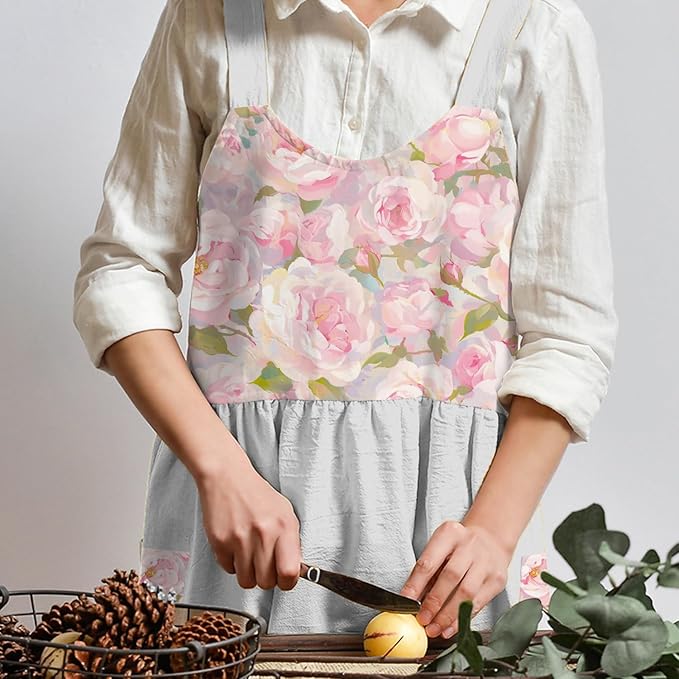 Uaussi Cotton Linen Apron Cross Back Work Apron for Women with Pockets Pinafore Dress X Cross Halter Apron for Chef Gardening