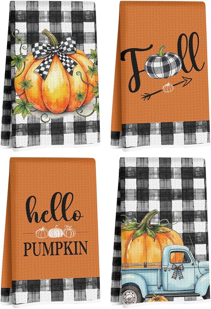 4 Pcs Hello Pumpkin Fall Kitchen Towels, Truck Soft Absorbent Tea Hand Towel, Microfiber Dish Cloths for Drying Dishes, Fall Waffle Dish Towels for Kitchen Bathroom Home, Autumn Gifts for Women Mom