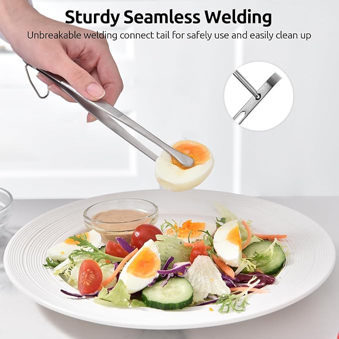U-Taste 8" Kitchen Plating Tweezer Set: 18/8 Stainless Steel Food-Grade Metal Food Tong, Seamless-Welding, Flexible Pinching and Non-Slip for Serving, Decorating, Cooking, Baking (Round & Pointed Tip)