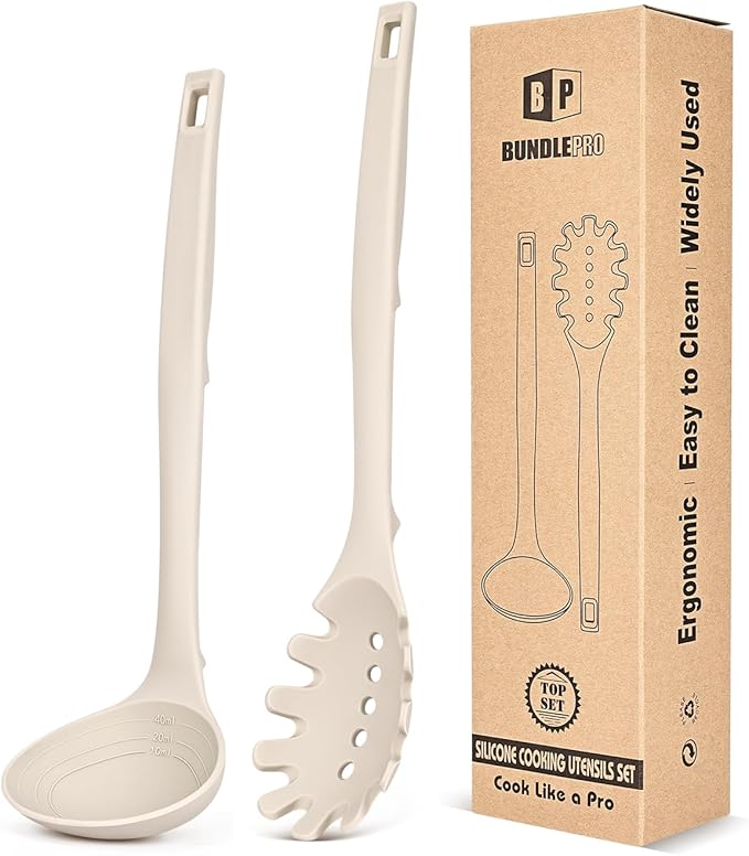 Silicone Pasta Fork and Soup Ladle Set, Heat Resistant Non Stick Kitchen Utensils with Back Hooks, Suitable for Cooking, Stirring, Serving Spaghetti, Soup, Sauce(KHAKI)