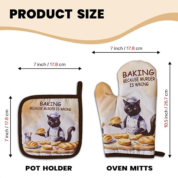 Funny Baking Cat Oven Mitts and Pot Holders（Set of 2）Baking Because Murder is Wrong Baker Mitts for Kitchen Decor Silicone Non-Slip Oven Mitts Cat Lover Gift Birthday Gift for Friend Chef