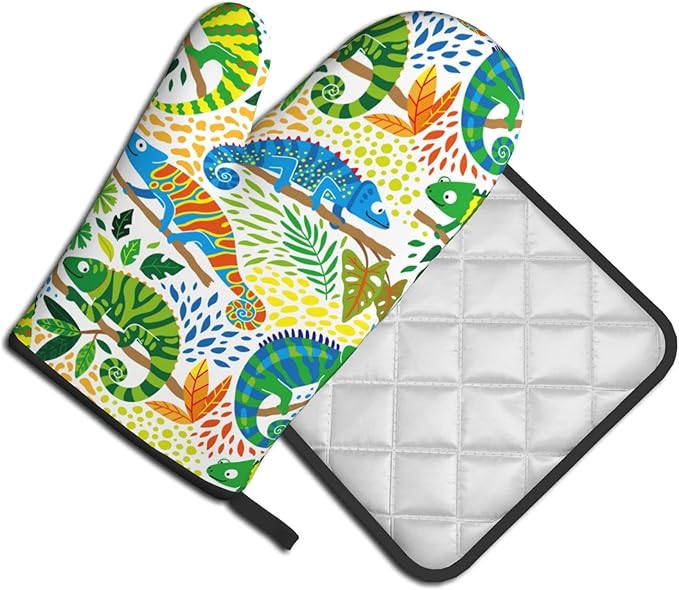 Cute Chameleon with Tropical Plants Oven Mitts and Pot Holders Heat Resistant Oven Mitts Safe for Baking Cooking BBQ