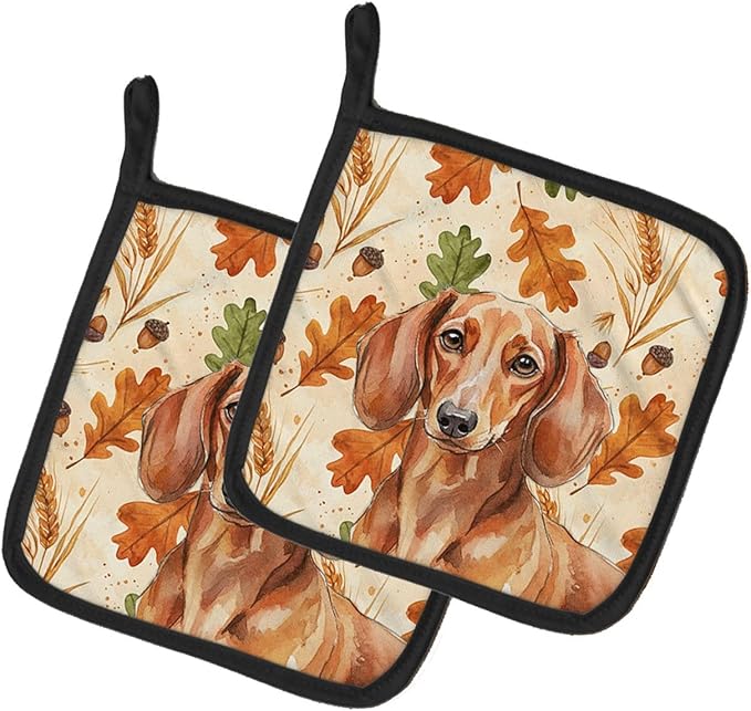 Caroline's Treasures Red Brown Dachshund Heirloom Fall Pair of Pot Holders Pair 7.5x7.5 Quilted Insulated Hot Pads Decorative Kitchen Gift Made in USA