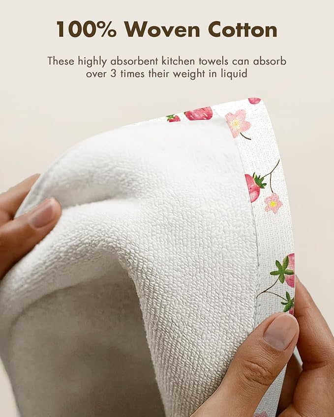 Miss Adola Cotton Kitchen Towels Set of 2 - Cute Design 16×26 Inch Dish Towels for Kitchen with Hanging Loop Strawberry Quick Dry Hand Towels Soft & Absorbent, Home Decorative, Terry Cloth Tea Towels