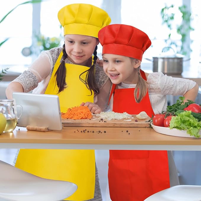 Kids Apron and Chef Hat Set Children Apron Adjustable with 2 Pockets Children Chef Painting for Cooking Baking