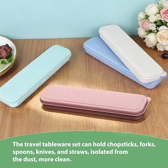 Travel Cutlery Case Portable Utensil Holder Travel Silverware Case Flatware Storage Box Camping Utensils Cases for Fork Spoon Chopsticks Lunch Box, 8.26 x 2.1 Inches (Blue, Pink, Small)
