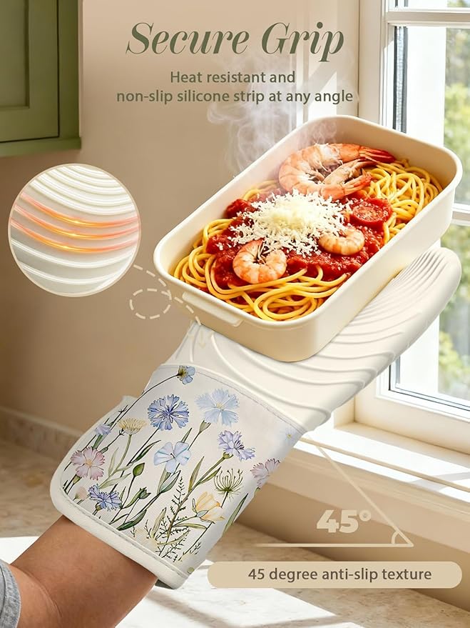 Slohif Long Silicone Oven Mitts Heat Resistant for Women - 2 Pcs Beige Wild Flowers 100% Cotton Oven Gloves, Non-Slip and Waterproof Silicone Oven Mitts with Hanger for Baking and Cooking
