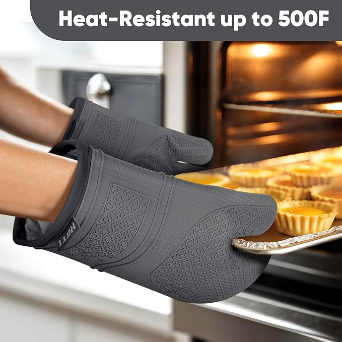 Silicone Oven Mitts, Heat Resistant Oven Gloves with Quilted Liner, Waterproof & Non-Slip Kitchen Mittens for Baking Cooking BBQ, 500°F, 12.5"-Deep Gary