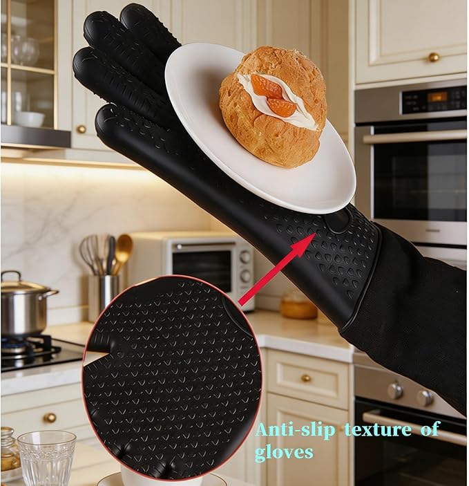 Extra Long Silicone Oven Mitts (20 Inch), Upgraded Heat Resistant 600°F Baking Gloves with Quilted Liner, Forearm Protection Oven Gloves for Pot Holders, Baking, BBQ (Black, 1 Pair)