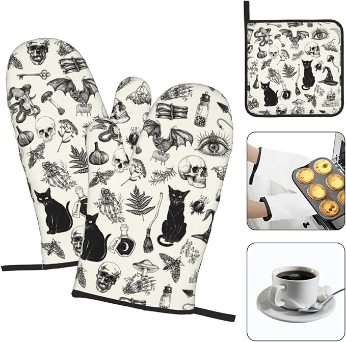 Witch Gothic Pot Holders and Oven Mitts Set, Witchy Wicca Black Cat Skull Kitchen Oven Gloves Hot Pads, Halloween Goth Kitchen Mitts for Cooking Baking Grilling BBQ, Gothic Witchy Gifts for Women
