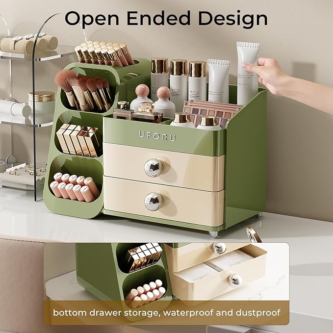 Makeup Organizer for Vanity with Brush Holder, Large Plastic Bathroom Countertop Skincare Organizer with 2 Drawers, Spacious Cosmetic Display Case for Perfumes, Eyeshadow Palettes, Nail Polishes