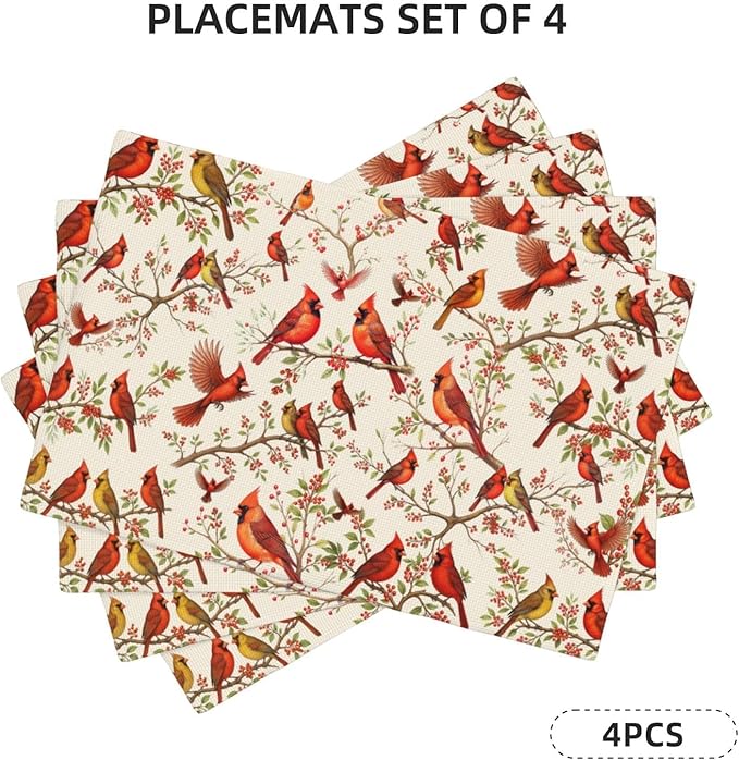 Red Cardinal Linen Placemats Set of 4, Washable Non-Slip Heat-Resistant Bird Berry Printed Table Mats for Kitchen Dining Table, Gift for Bird Lovers, Nature & Christmas Enthusiasts, Kitchen Home Decor