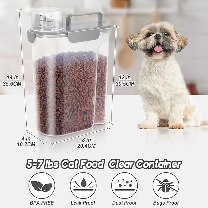 LEAWALK 5-7Lbs Dog Cat Food Storage Container with Upgraded Large Nozzle BPA-free, 4 Snap Seals Plastic Pet Food Storage Containers with Handles (Light Gray, 5L-1pack)