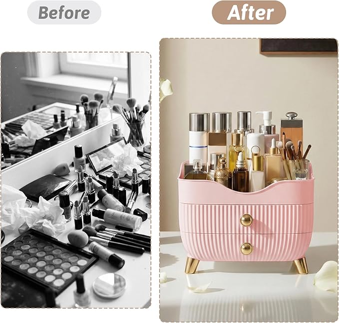 Makeup Organizer Countertop, Large Capacity Skincare Cosmetic Organizer for Vanity with 2 Drawers, Cosmetic Display Cases Makeup Storage Box for Bedroom, Bathroom, Ideal Gifts for Women(Pink)