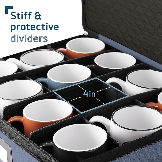 Coffee Mug Storage, 2 Pack Quilted and Stackable Coffee Cup Storage Organizer for Service of 24, Mug Storage Box with Dividers, China Containers Hard Shell for Moving and Organization, Blue
