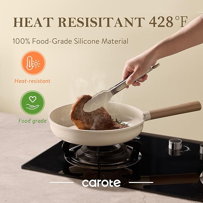 CAROTE Tongs for Cooking Heat Resistant Stainless Steel Kitchen Tongs with Non Scratch Silicone Tips, Perfect for Nonstick Cookware, BBQ Tongs Set of 3 (7"+9"+12")
