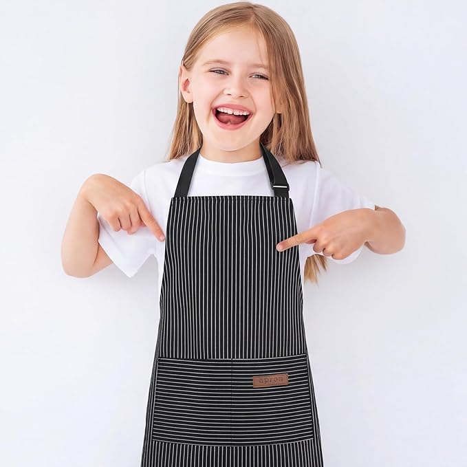 2 Pack Stripes Kids Apron, Kids Cooking Aprons with 2 Pockets, Cute Aprons for Cooking for Boys and Girls