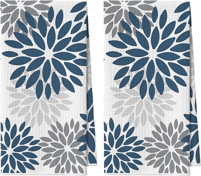 Artoid Mode Aqua Dahlia Floral Bar Kitchen Towels, 12x24 Inch Quick Dry Microfiber Cloth Dish Towels for Kitchen Drying Set of 2