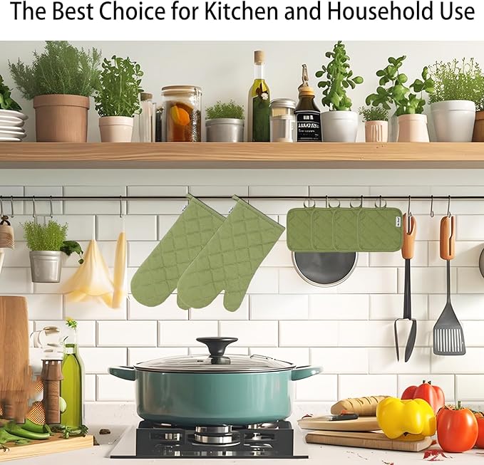 Oven Mitts and Pot Holders Sets,6 Pcs Oven Mitts and Potholders with Recycled Cotton High Heat Resistant Extra Thick Long Oven Mitts for Cooking(Green)