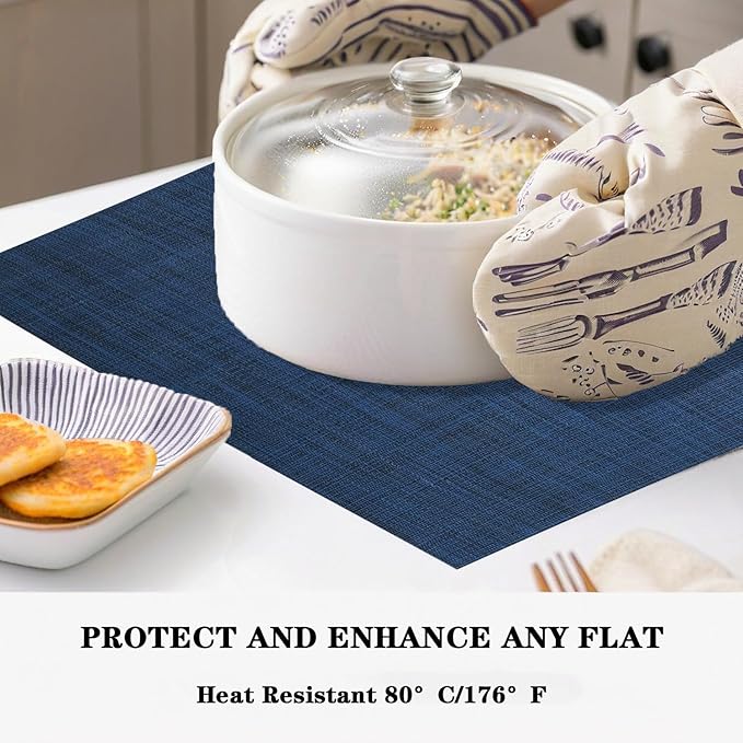 Navy Blue Placemats Set of 2 - Heat Resistant Non-Slip Place mats for Dining Table, Washable Durable PVC Vinyl Woven Table Mats (Navy Blue, 2)