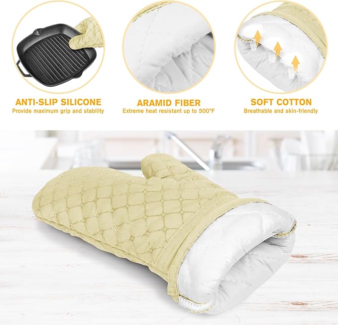 6 Pcs Oven Mitts and Pot Holders, 500℉ Heat Resistant Oven Mitts with Kitchen Towels Soft Cotton Lining and Non-Slip Silicone Surface Safe for Baking, Cooking, BBQ (Milkshake/Beige)