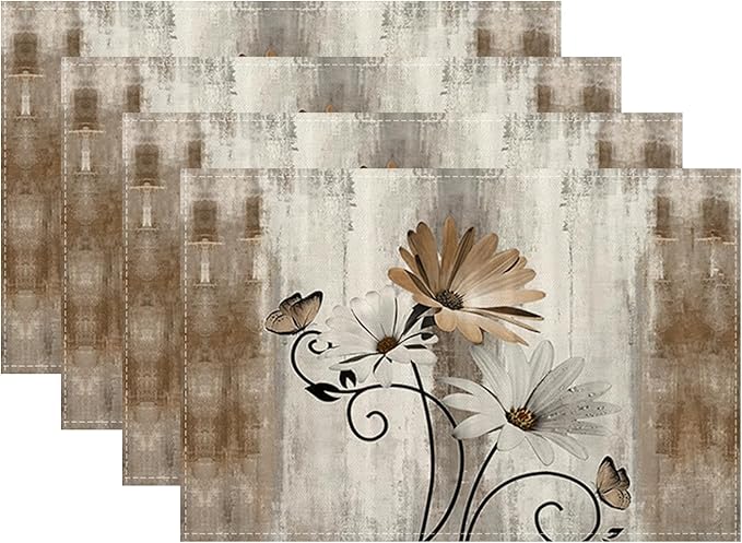 Floral Place mats Set of 4, 12x18 Inches Rustic Brown Daisy Flower Decorative Placemats Rectangle Floral Table Mats for Party Home Kitchen Dining Table Decoration