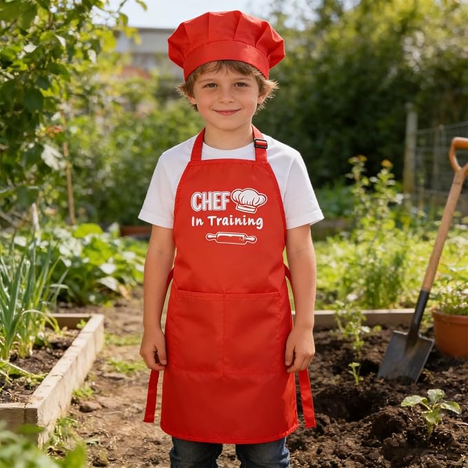 Kids Apron and Chef Hat Set Adjustable Child Aprons with 2 Large Pockets for Girls Boys Cooking Baking Painting Gift